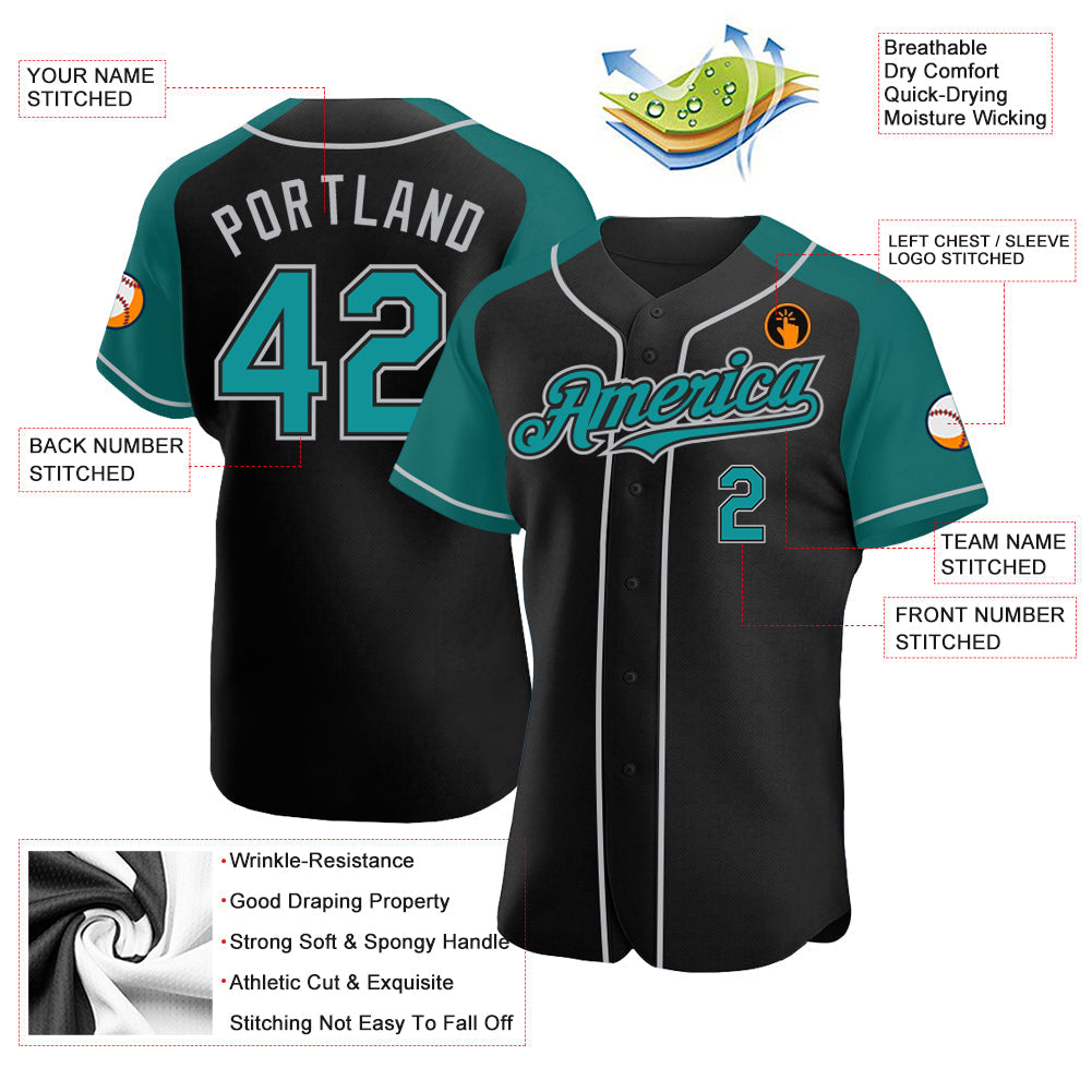 Custom Black Teal-Gray Authentic Raglan Sleeves Baseball Jersey baseball jersey product view 3