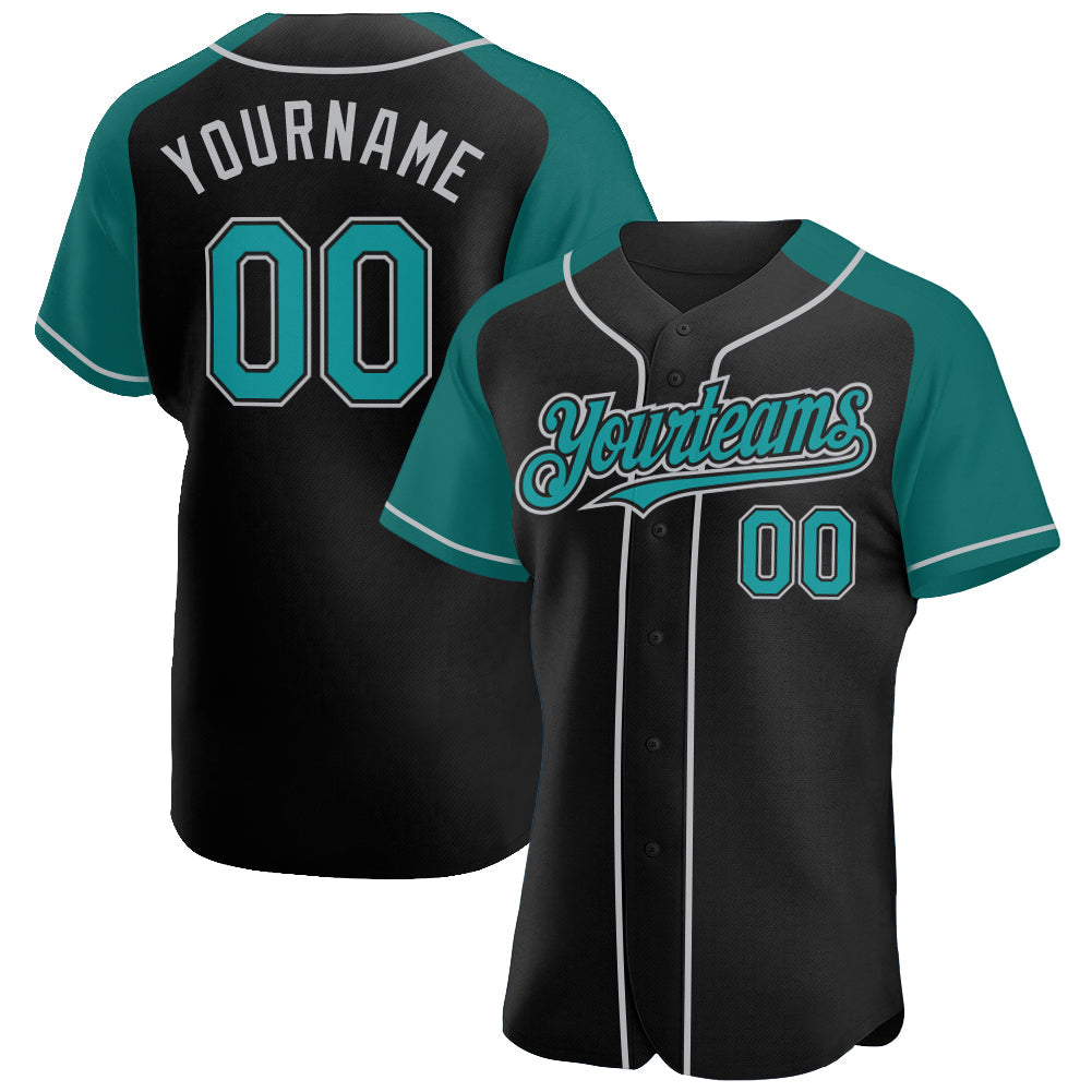 Custom Black Teal-Gray Authentic Raglan Sleeves Baseball Jersey baseball jersey product view 1