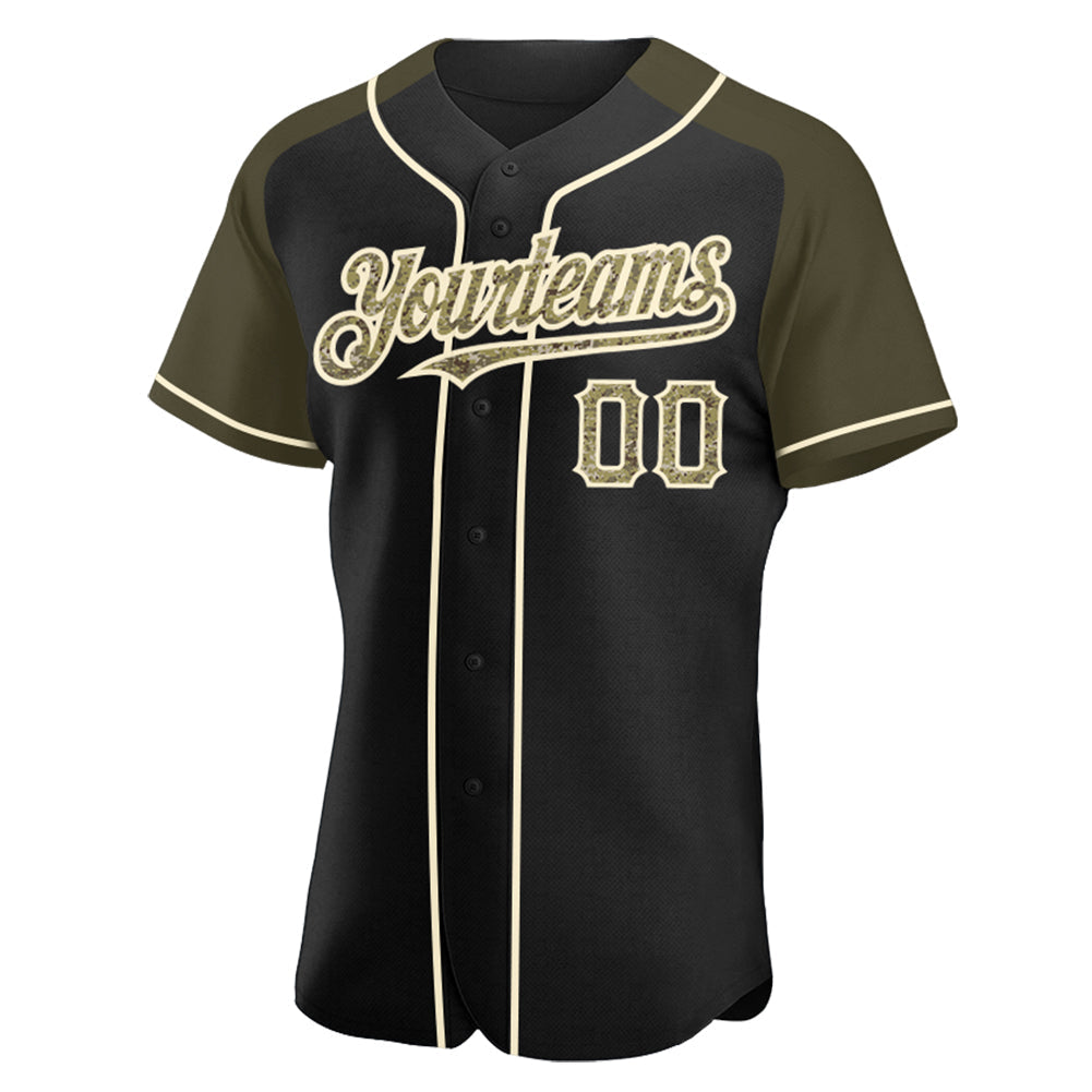 Custom Black Camo Olive-Cream Authentic Raglan Sleeves Baseball Jersey baseball jersey product view 2