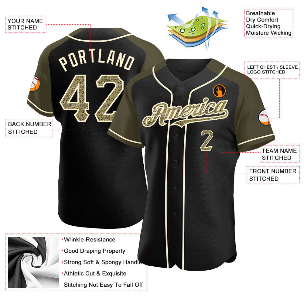 Custom Black Camo Olive-Cream Authentic Raglan Sleeves Baseball Jersey baseball jersey product view 3