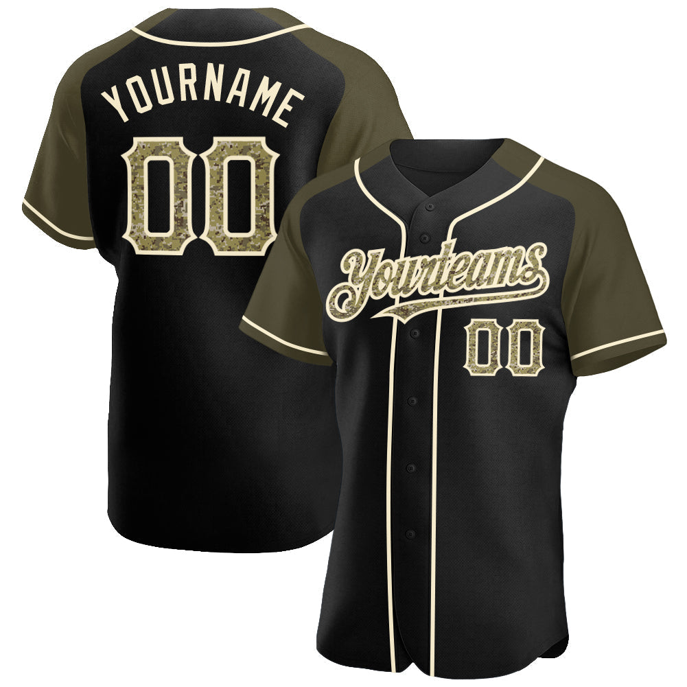 Custom Black Camo Olive-Cream Authentic Raglan Sleeves Baseball Jersey baseball jersey product view 1