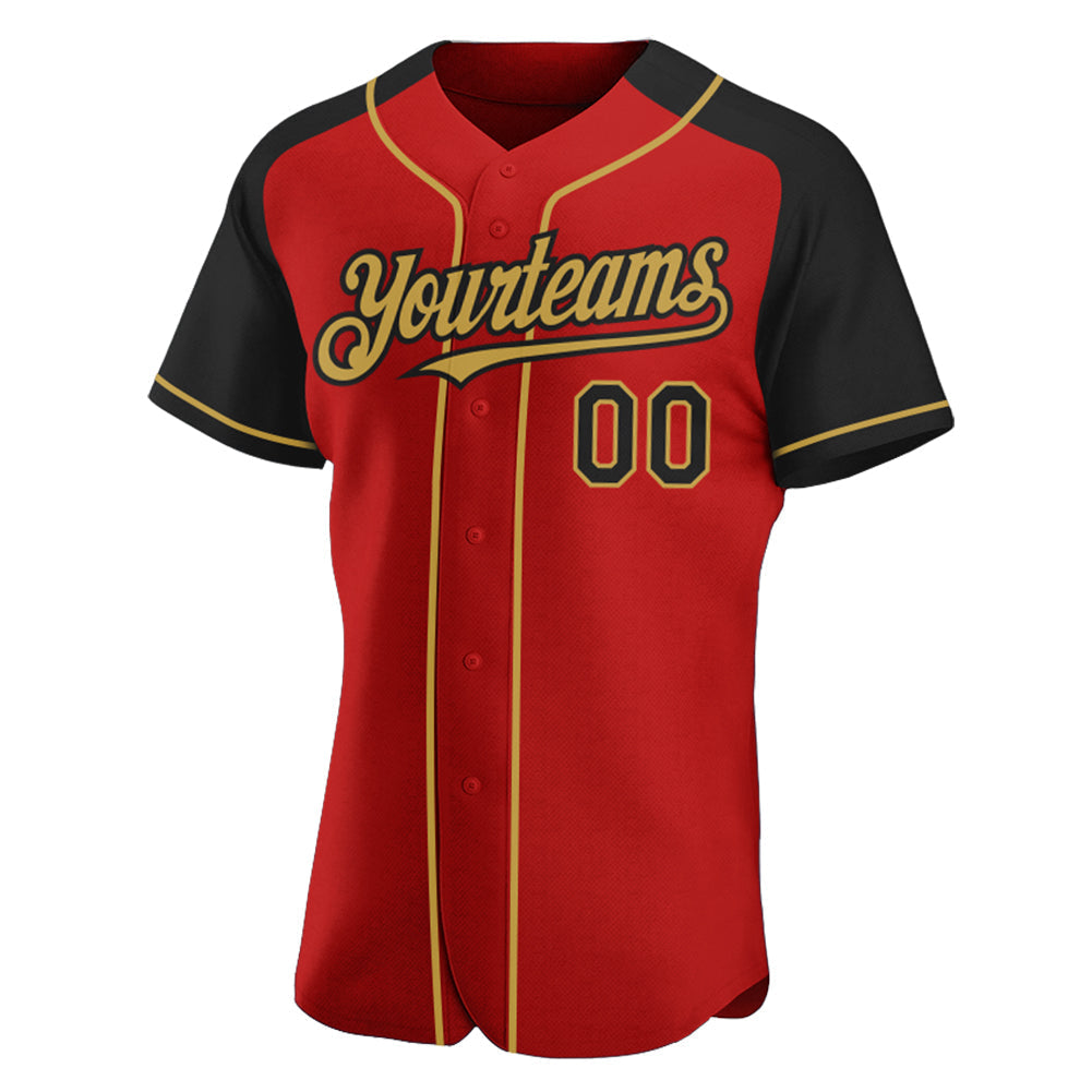 Custom Red Black-Old Gold Authentic Raglan Sleeves Baseball Jersey baseball jersey product view 2