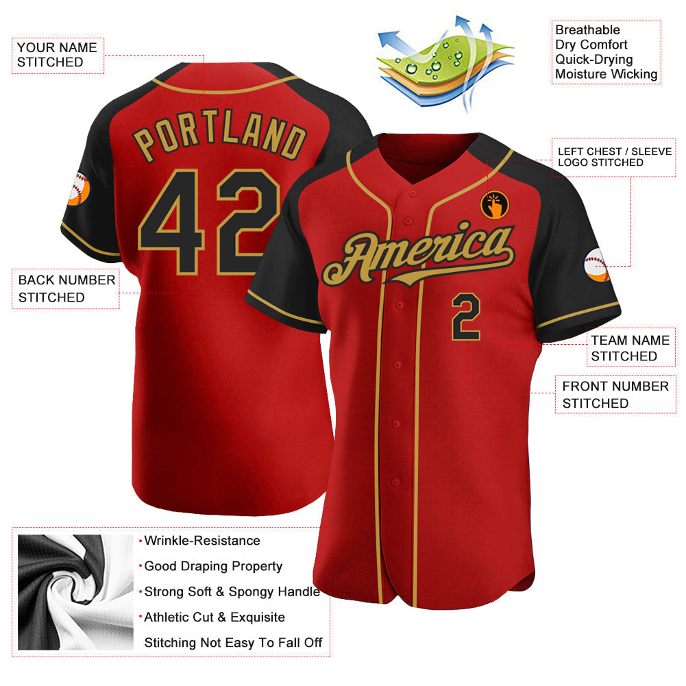 Custom Red Black-Old Gold Authentic Raglan Sleeves Baseball Jersey baseball jersey product view 3