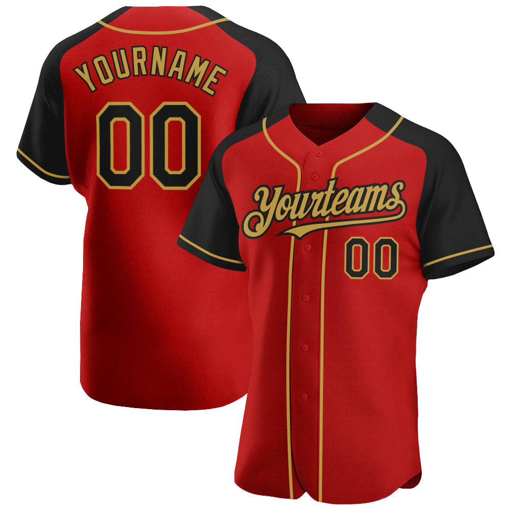 Custom Red Black-Old Gold Authentic Raglan Sleeves Baseball Jersey baseball jersey product view 1