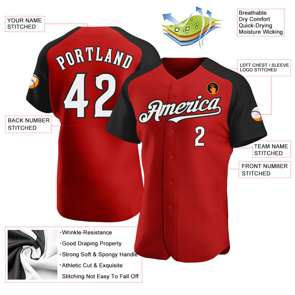 Custom Red White-Black Authentic Raglan Sleeves Baseball Jersey baseball jersey product view 3