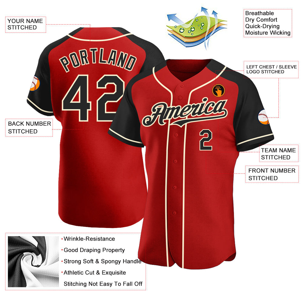 Custom Red Black-Cream Authentic Raglan Sleeves Baseball Jersey baseball jersey product view 3