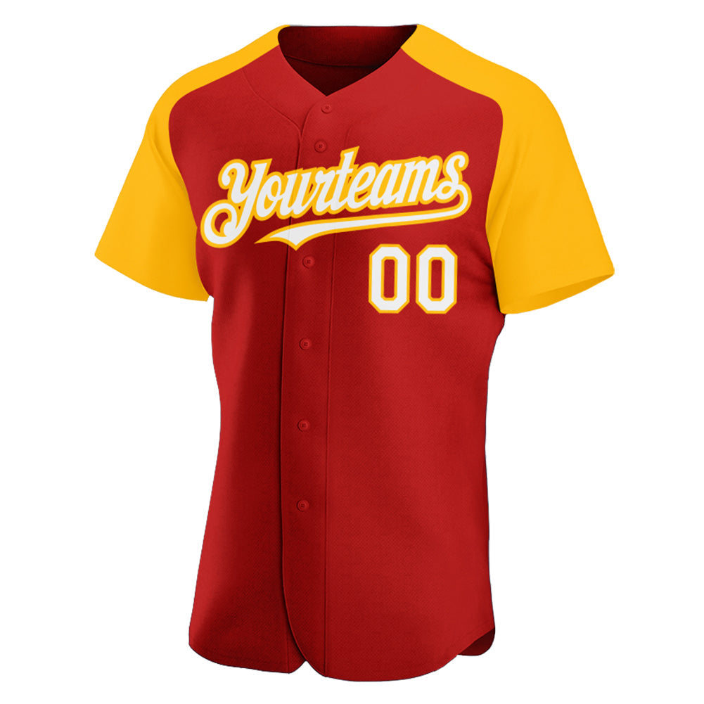 Custom Red White-Gold Authentic Raglan Sleeves Baseball Jersey baseball jersey product view 2
