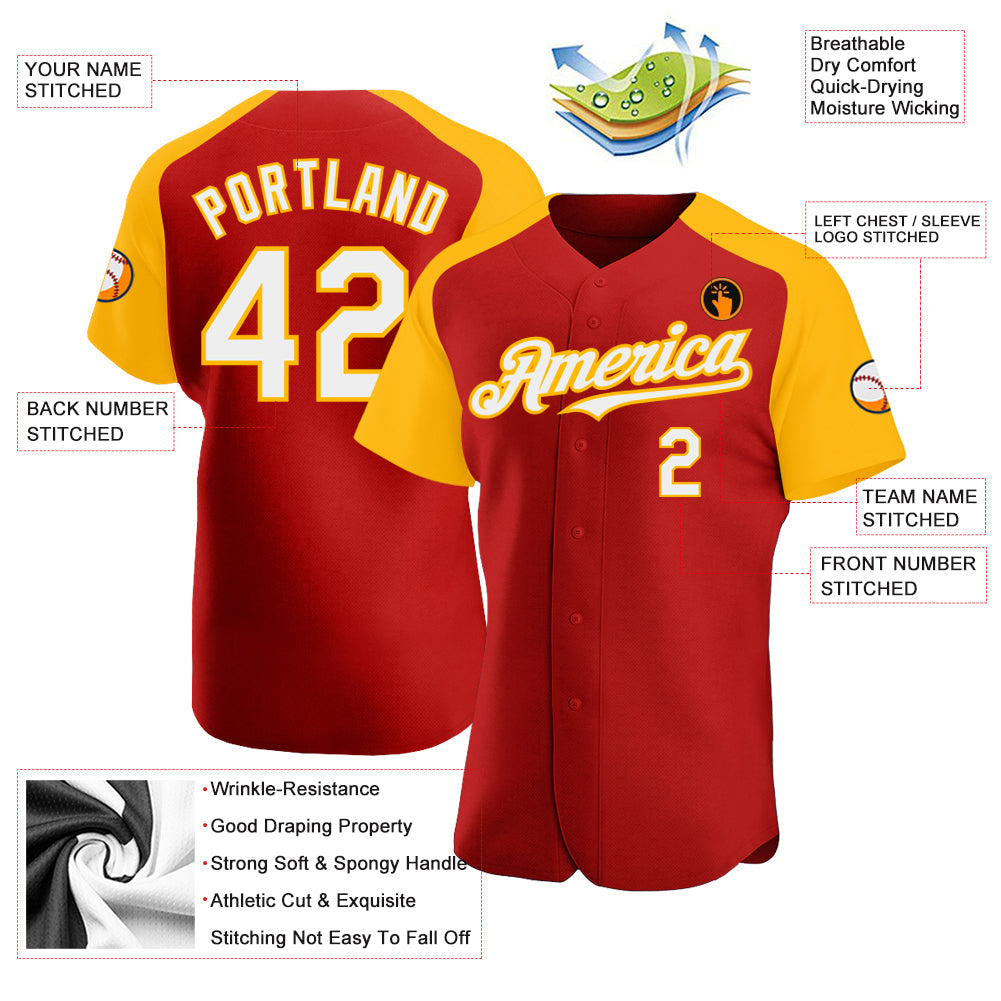 Custom Red White-Gold Authentic Raglan Sleeves Baseball Jersey baseball jersey product view 3