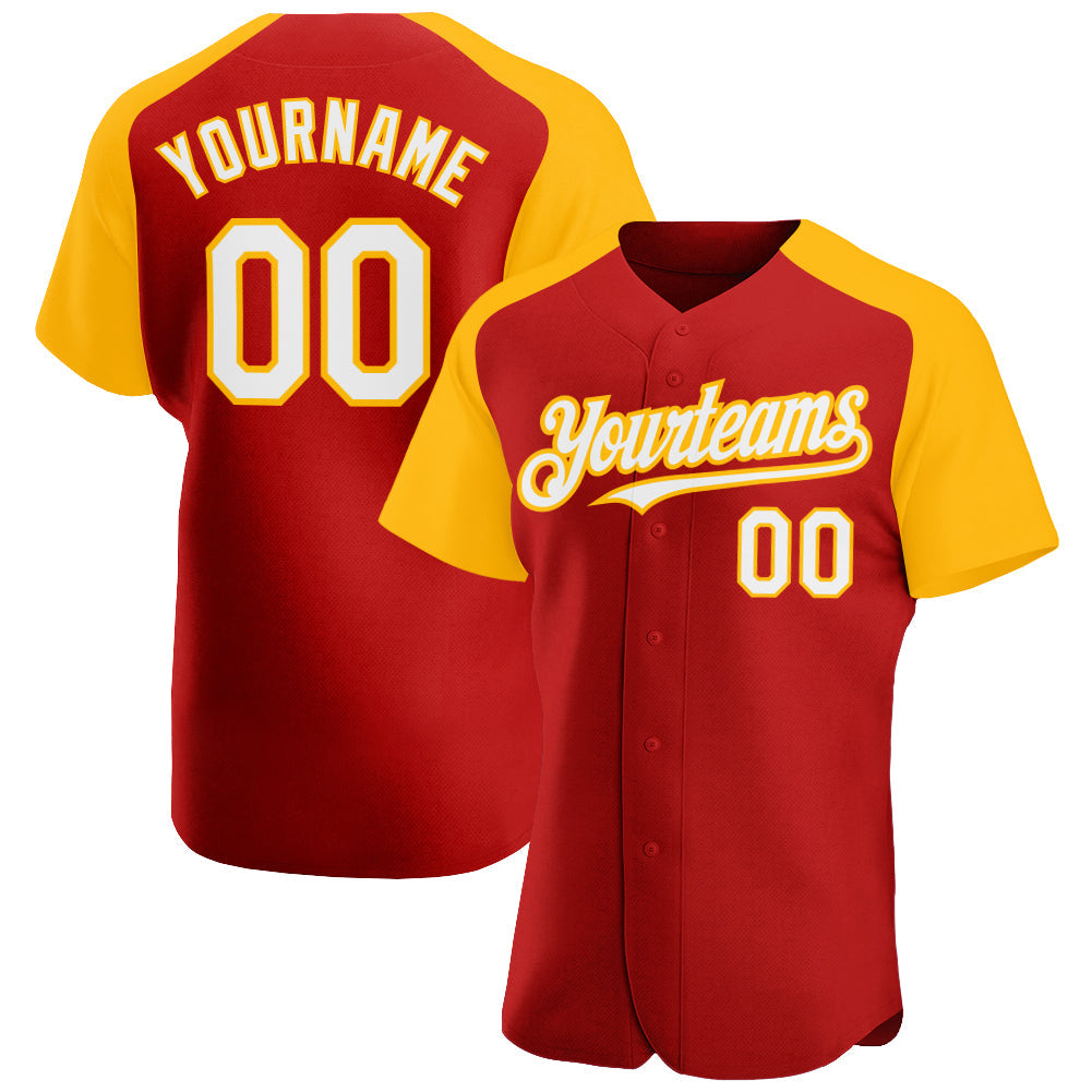 Custom Red White-Gold Authentic Raglan Sleeves Baseball Jersey baseball jersey product view 1