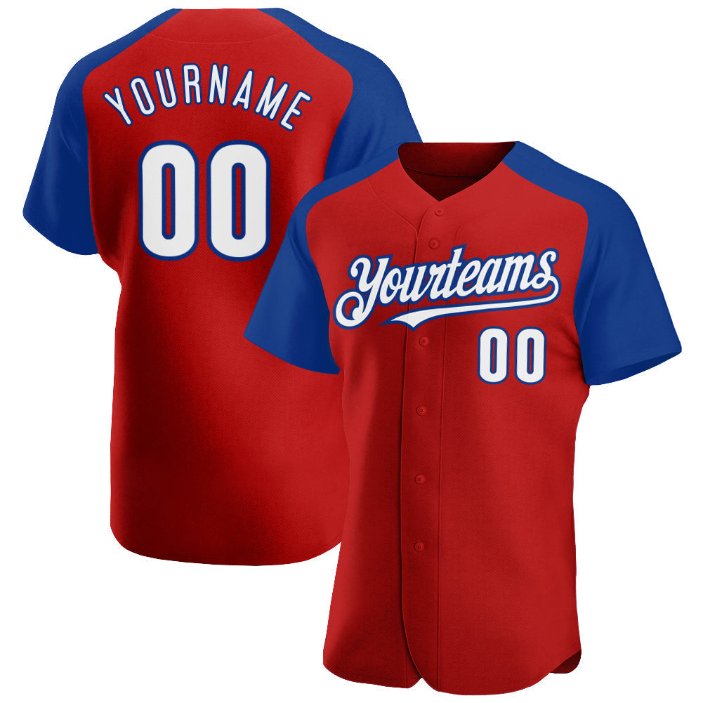 Custom Red White-Royal Authentic Raglan Sleeves Baseball Jersey baseball jersey product view 1