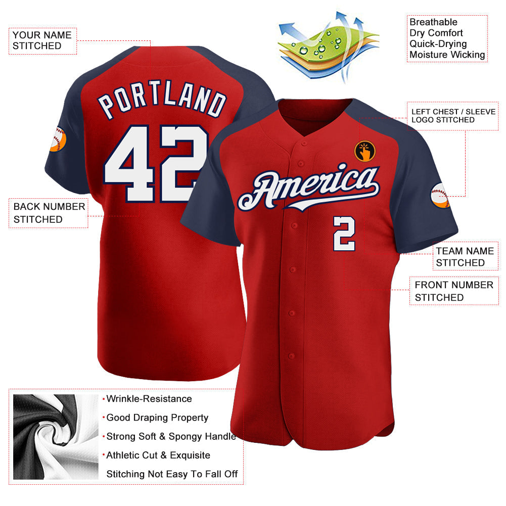 Custom Red White-Navy Authentic Raglan Sleeves Baseball Jersey baseball jersey product view 3