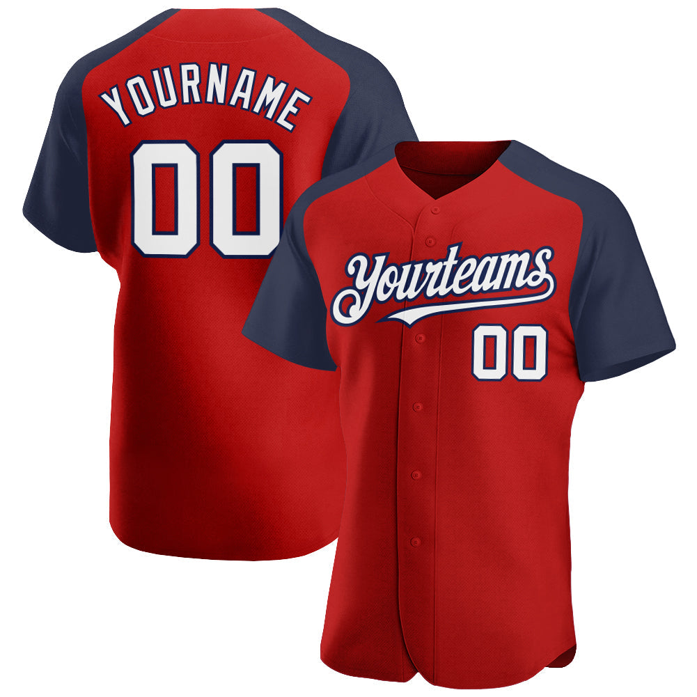 Custom Red White-Navy Authentic Raglan Sleeves Baseball Jersey baseball jersey product view 1