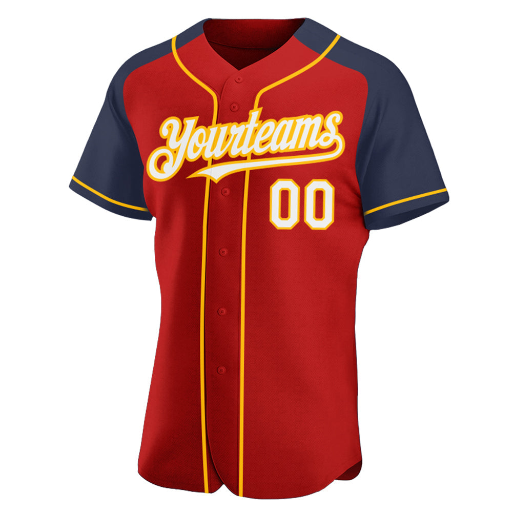 Custom Red White Navy-Gold Authentic Raglan Sleeves Baseball Jersey baseball jersey product view 2