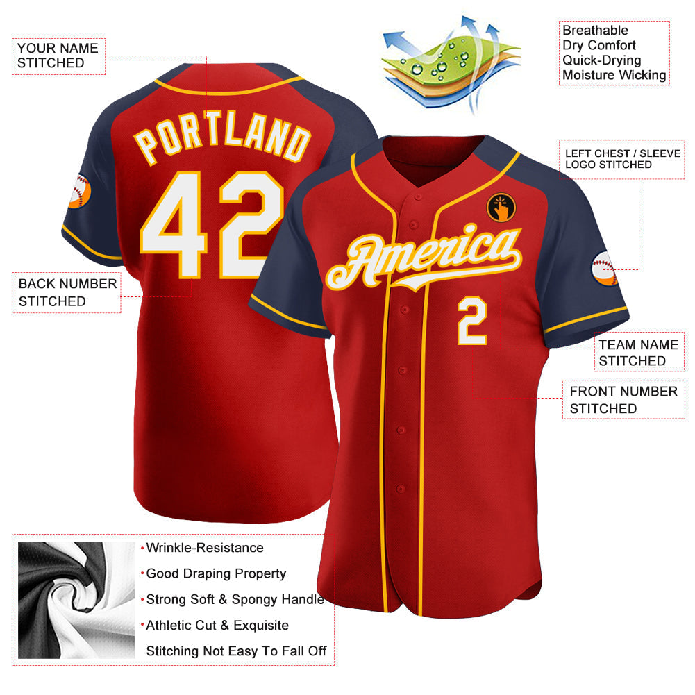 Custom Red White Navy-Gold Authentic Raglan Sleeves Baseball Jersey baseball jersey product view 3