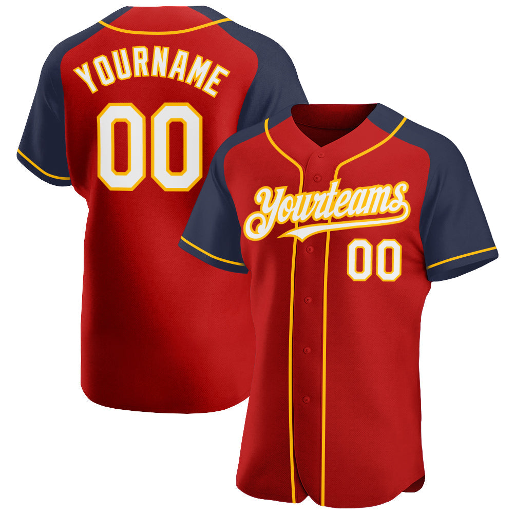 Custom Red White Navy-Gold Authentic Raglan Sleeves Baseball Jersey baseball jersey product view 1
