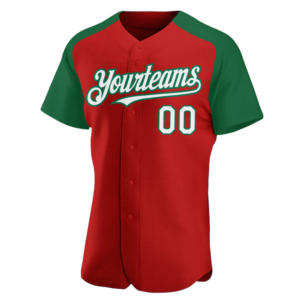 Custom Red White-Kelly Green Authentic Raglan Sleeves Baseball Jersey baseball jersey product view 2