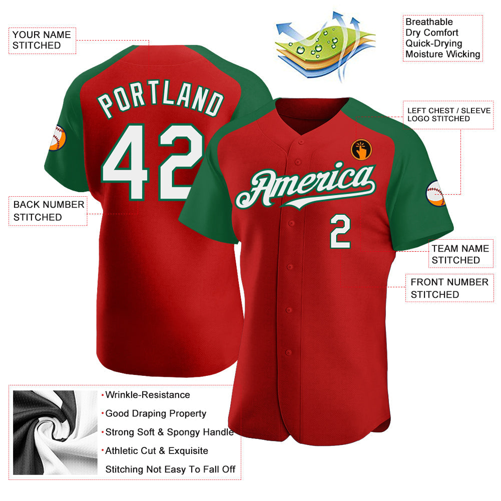 Custom Red White-Kelly Green Authentic Raglan Sleeves Baseball Jersey baseball jersey product view 3