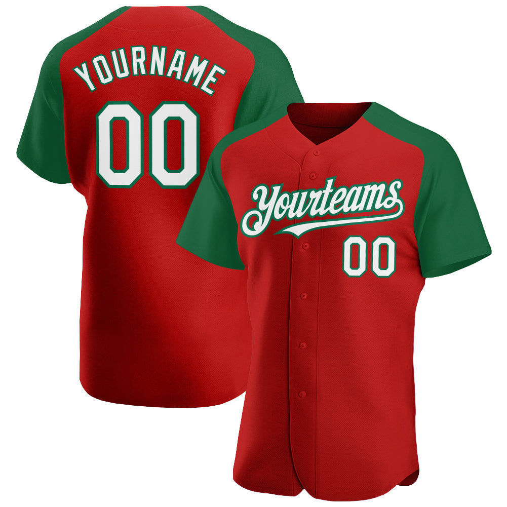Custom Red White-Kelly Green Authentic Raglan Sleeves Baseball Jersey baseball jersey product view 1