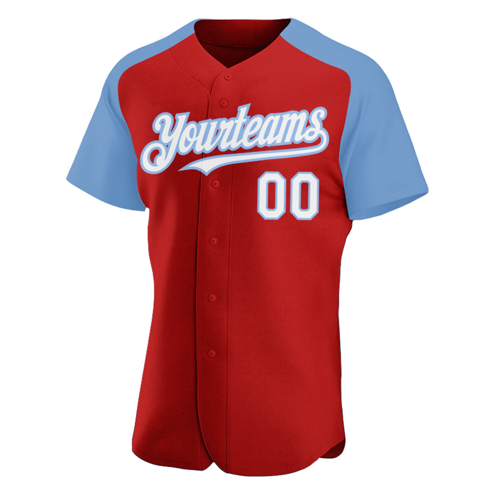 Custom Red White-Light Blue Authentic Raglan Sleeves Baseball Jersey baseball jersey product view 2