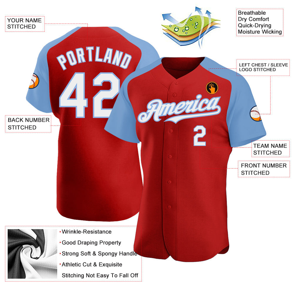 Custom Red White-Light Blue Authentic Raglan Sleeves Baseball Jersey baseball jersey product view 3