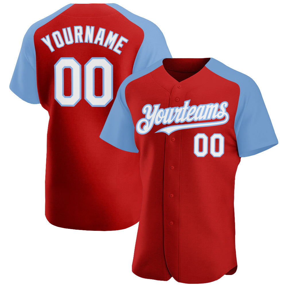 Custom Red White-Light Blue Authentic Raglan Sleeves Baseball Jersey baseball jersey product view 1