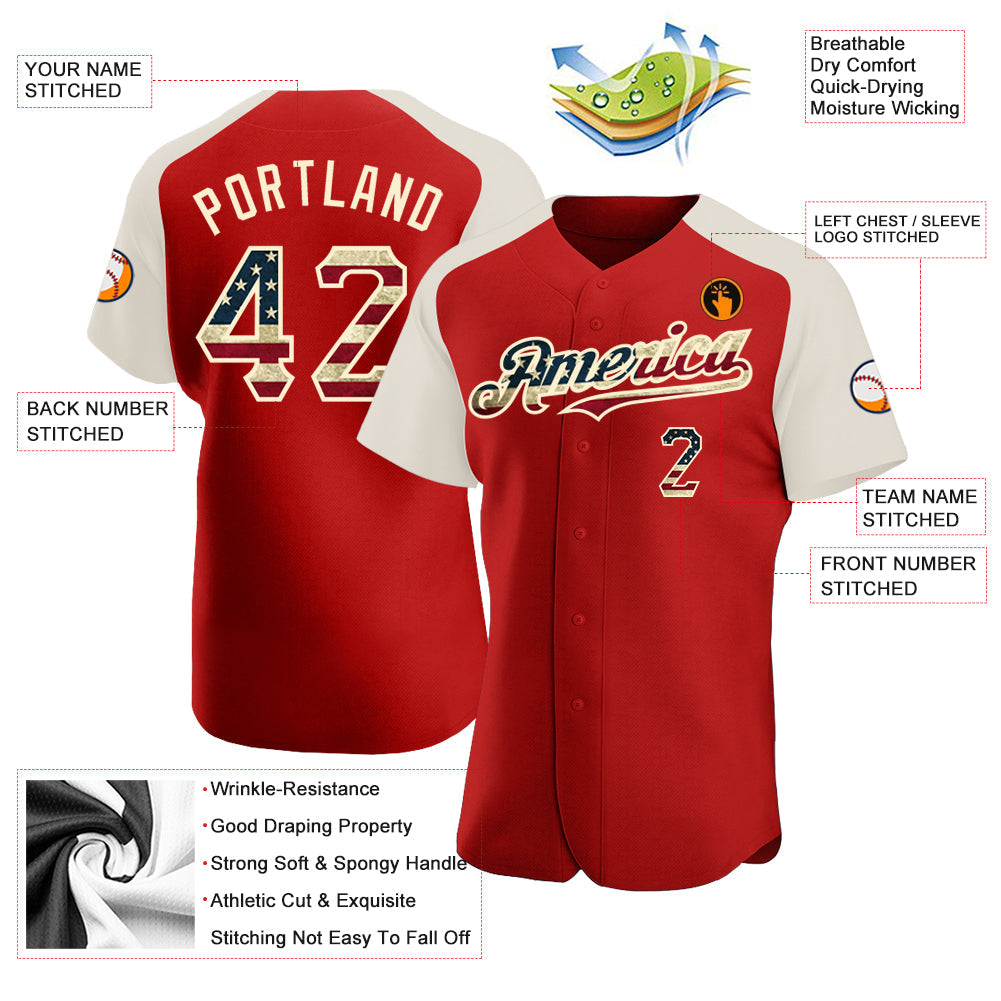 Custom Red Vintage USA Flag-Cream Authentic Raglan Sleeves Baseball Jersey baseball jersey product view 3