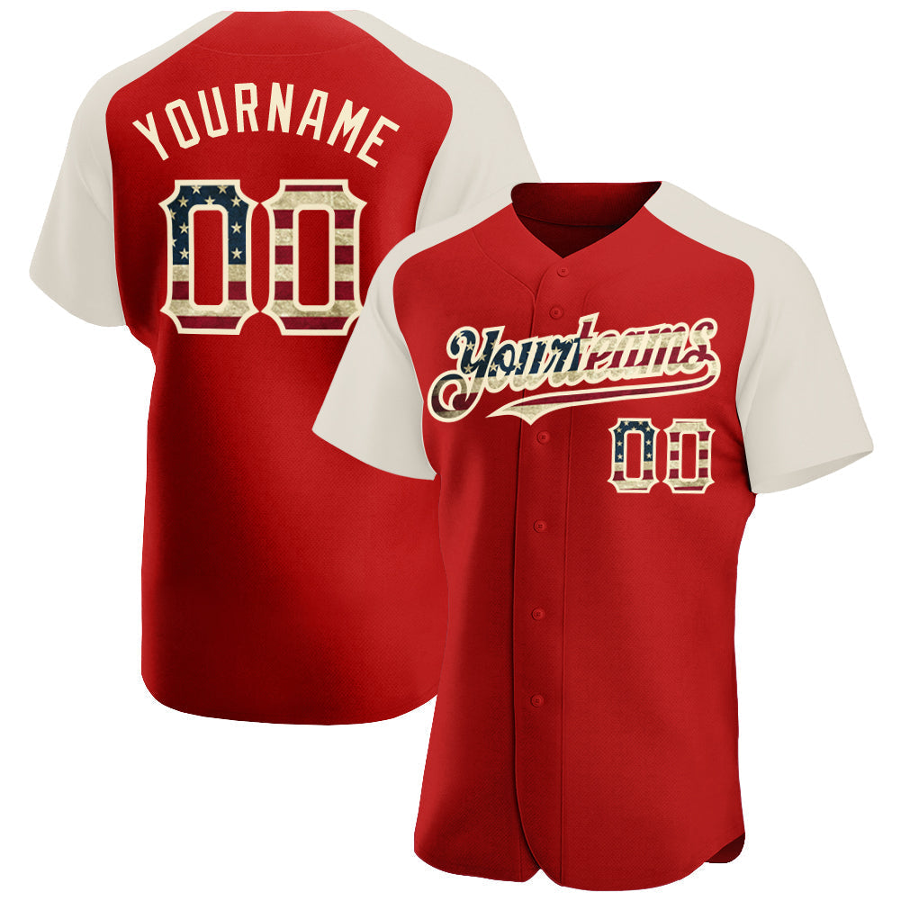 Custom Red Vintage USA Flag-Cream Authentic Raglan Sleeves Baseball Jersey baseball jersey product view 1