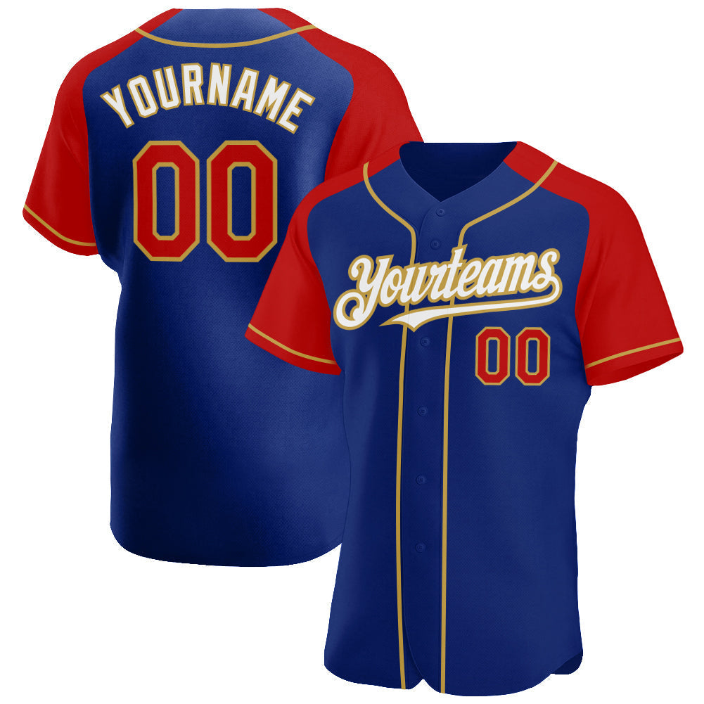 Custom Royal Red-Old Gold Authentic Raglan Sleeves Baseball Jersey baseball jersey product view 1