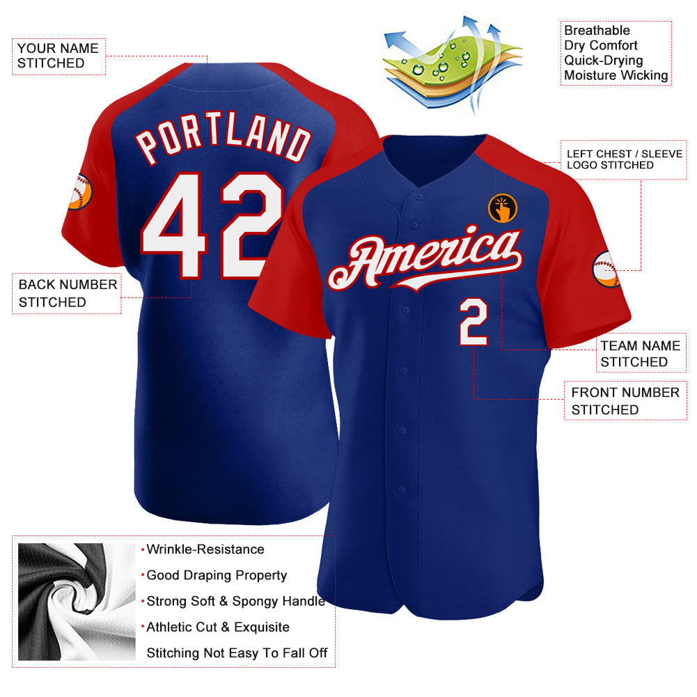 Custom Royal White-Red Authentic Raglan Sleeves Baseball Jersey baseball jersey product view 3