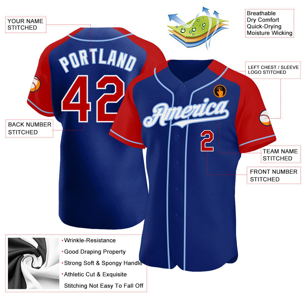 Custom Royal Red-Light Blue Authentic Raglan Sleeves Baseball Jersey baseball jersey product view 3