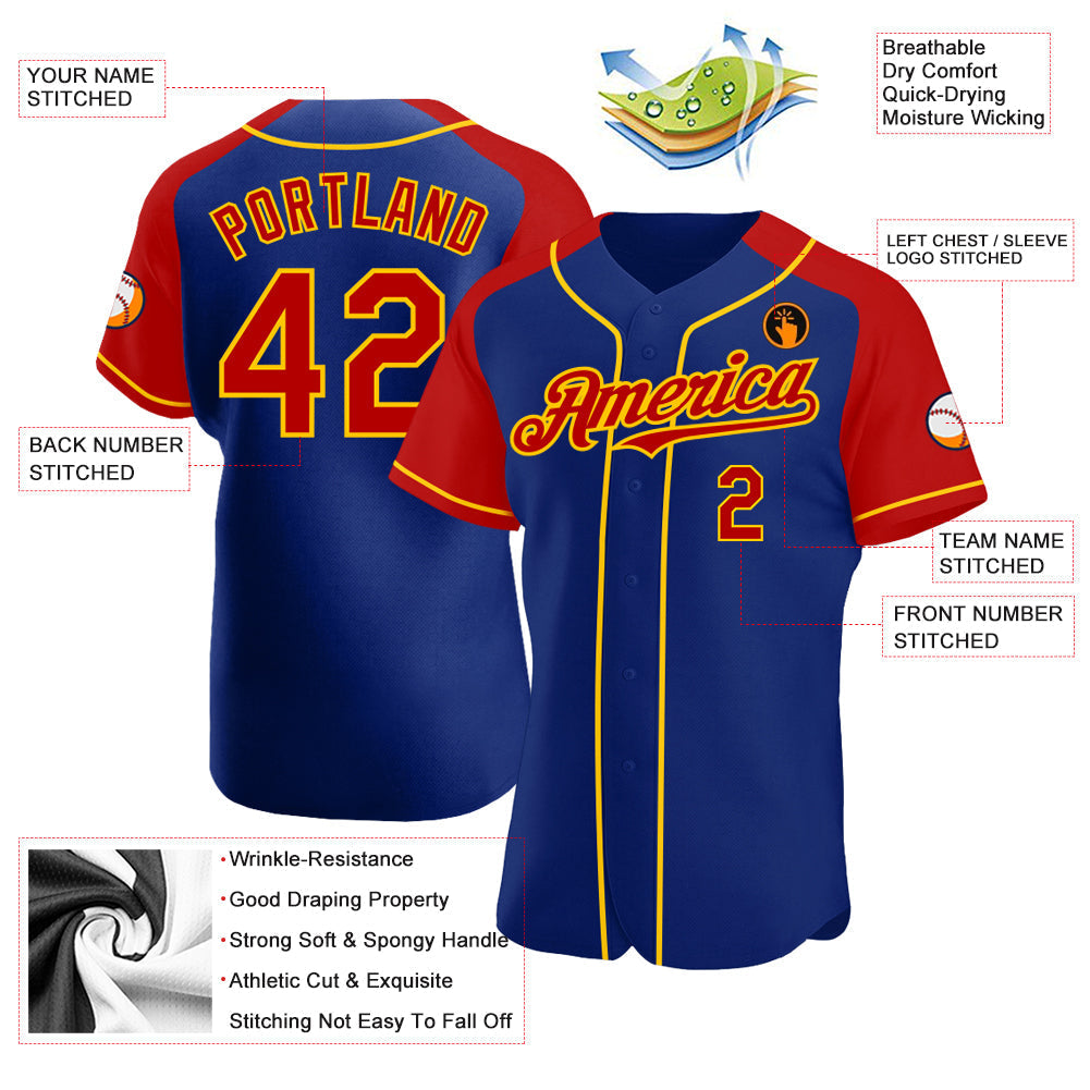 Custom Royal Red-Yellow Authentic Raglan Sleeves Baseball Jersey baseball jersey product view 3