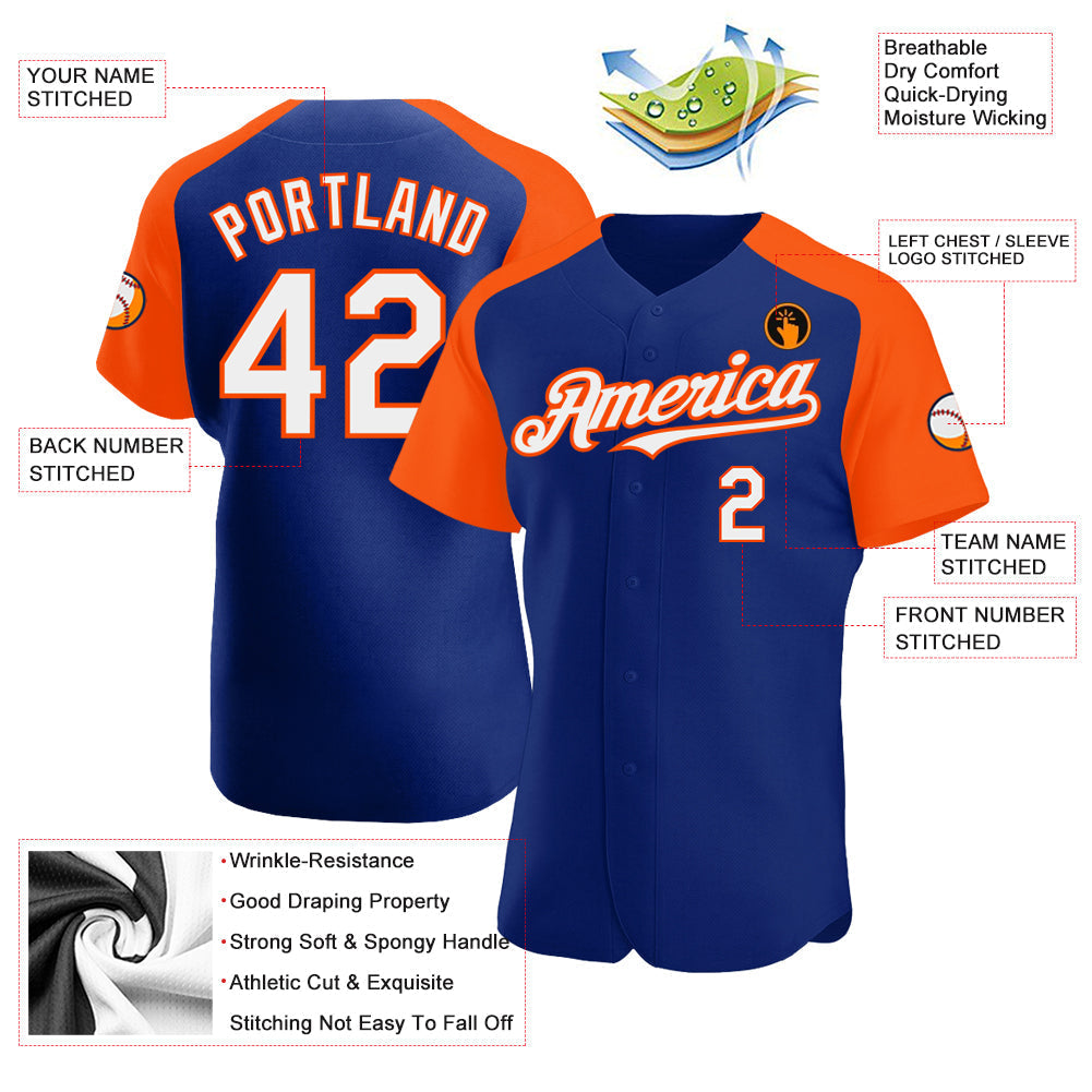 Custom Royal White-Orange Authentic Raglan Sleeves Baseball Jersey baseball jersey product view 3