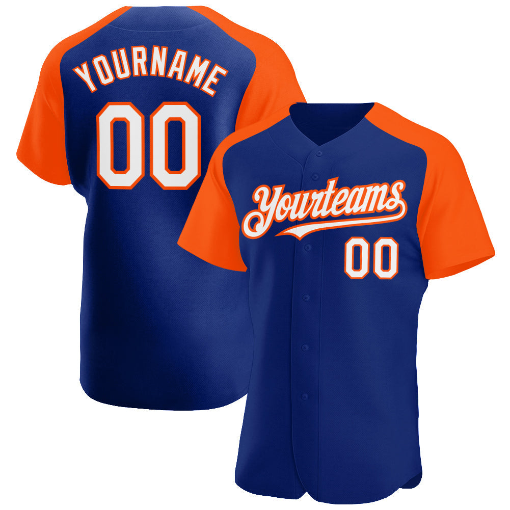 Custom Royal White-Orange Authentic Raglan Sleeves Baseball Jersey baseball jersey product view 1