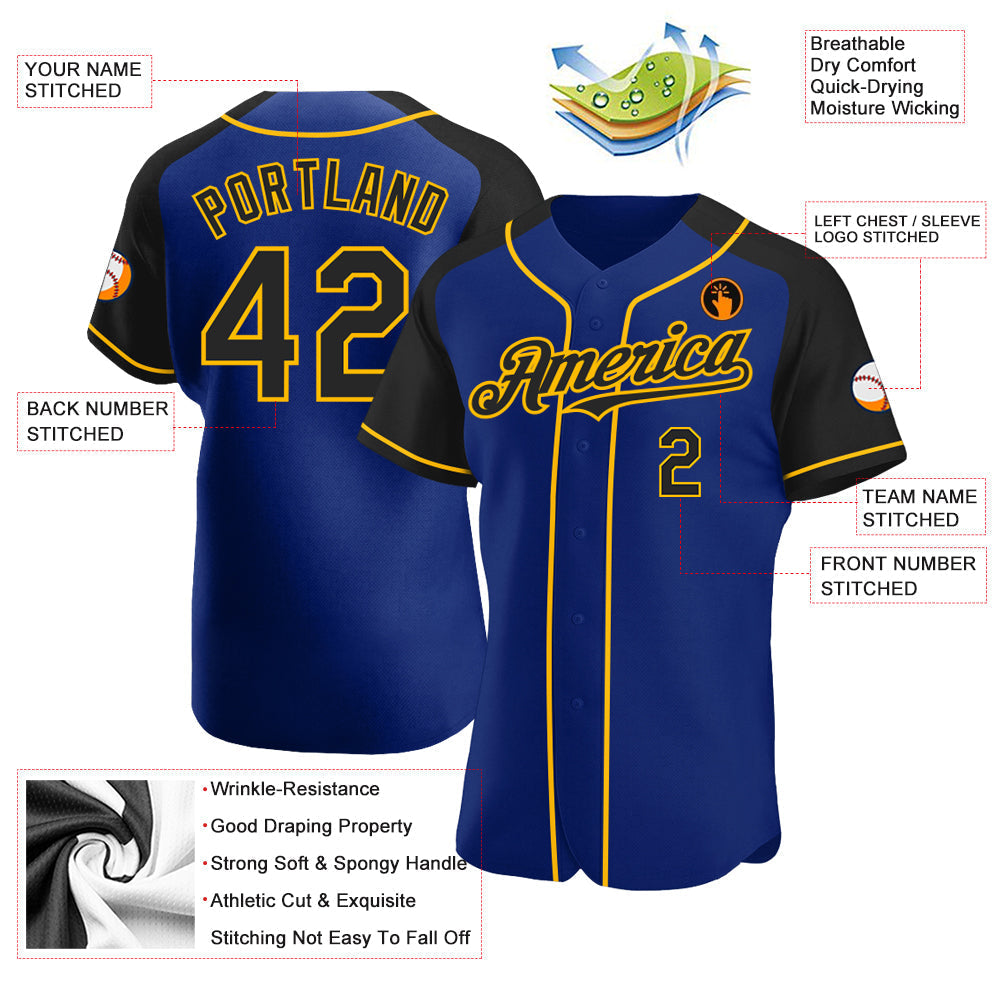 Custom Royal Black-Gold Authentic Raglan Sleeves Baseball Jersey baseball jersey product view 3
