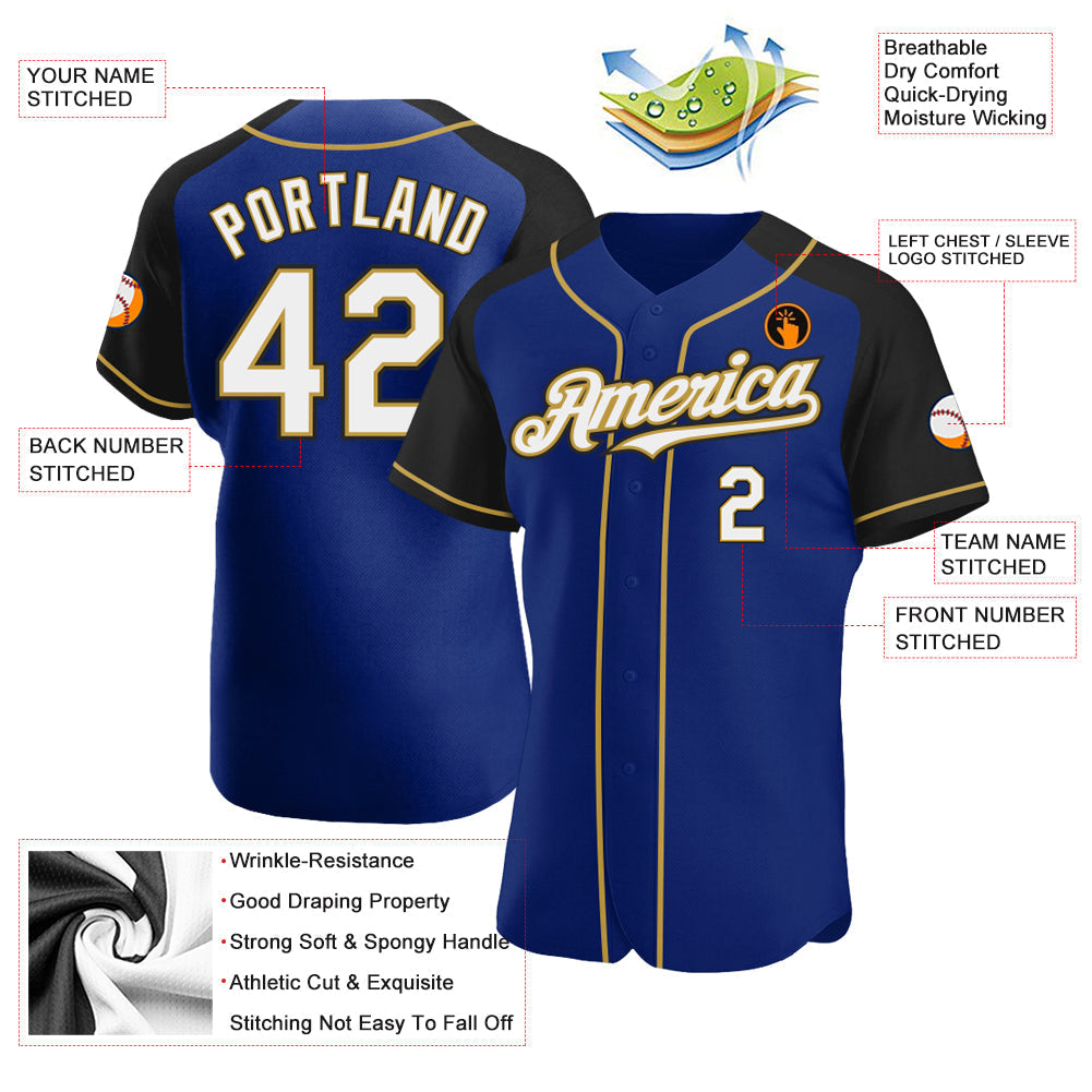 Custom Royal White Black-Old Gold Authentic Raglan Sleeves Baseball Jersey baseball jersey product view 3