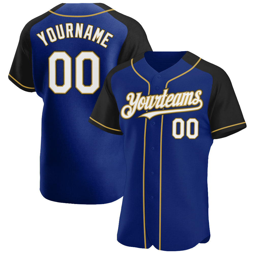 Custom Royal White Black-Old Gold Authentic Raglan Sleeves Baseball Jersey baseball jersey product view 1