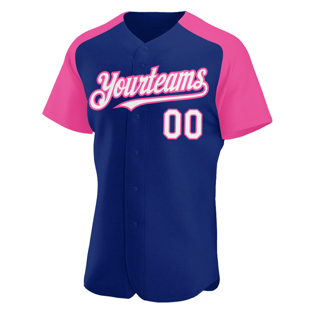 Custom Royal White-Pink Authentic Raglan Sleeves Baseball Jersey baseball jersey product view 2