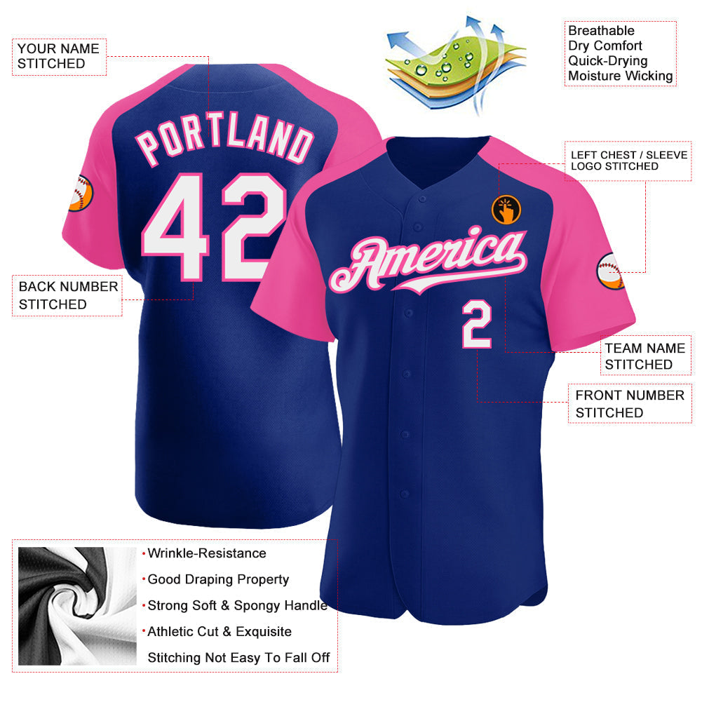 Custom Royal White-Pink Authentic Raglan Sleeves Baseball Jersey baseball jersey product view 3