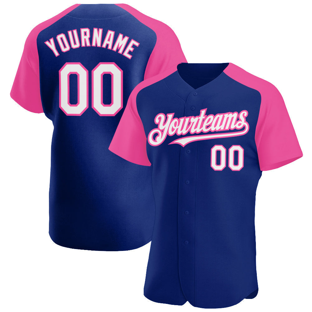 Custom Royal White-Pink Authentic Raglan Sleeves Baseball Jersey baseball jersey product view 1