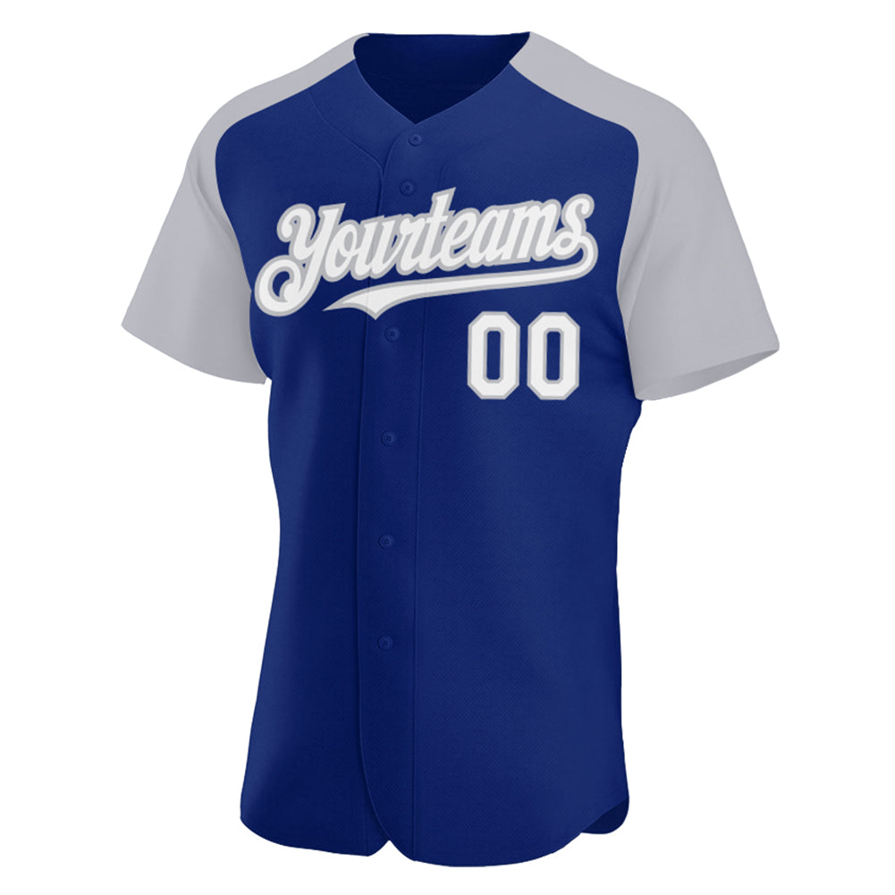Custom Royal White-Gray Authentic Raglan Sleeves Baseball Jersey baseball jersey product view 2