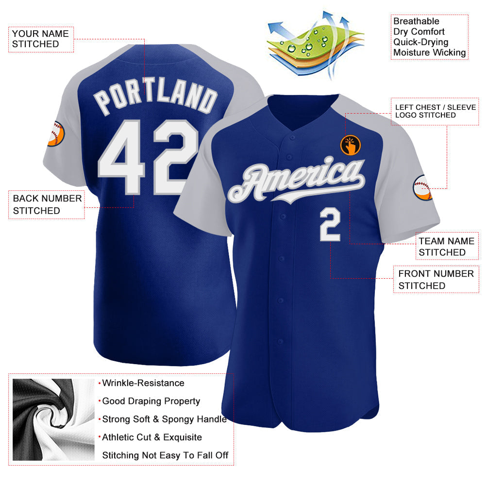 Custom Royal White-Gray Authentic Raglan Sleeves Baseball Jersey baseball jersey product view 3