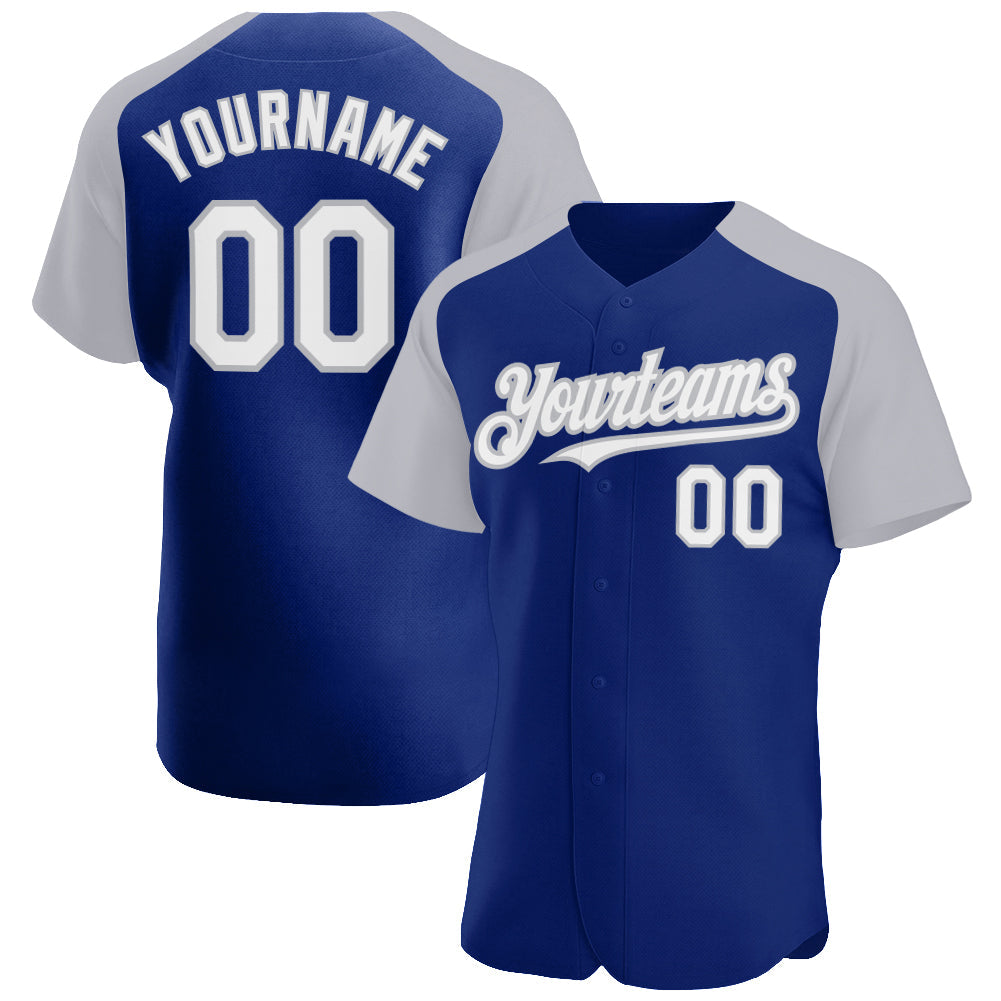 Custom Royal White-Gray Authentic Raglan Sleeves Baseball Jersey baseball jersey product view 1