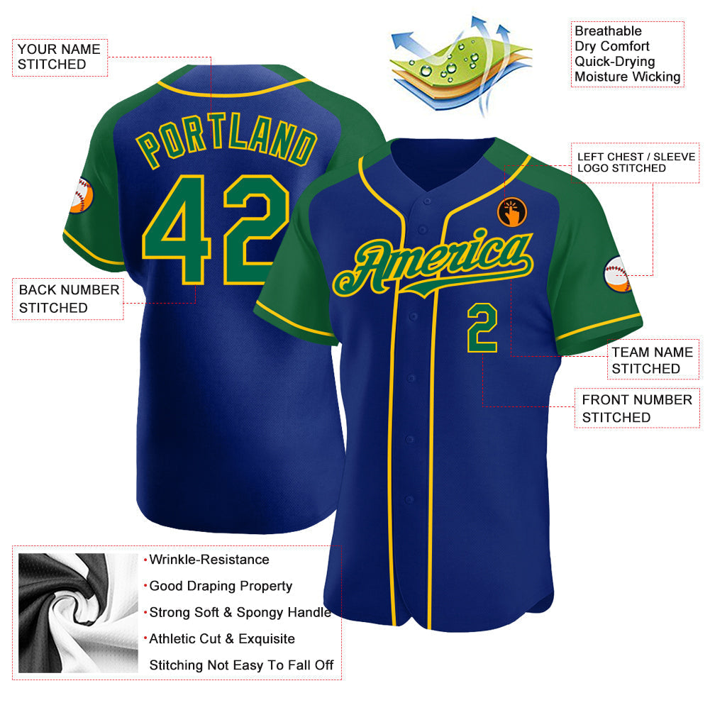 Custom Royal Kelly Green-Yellow Authentic Raglan Sleeves Baseball Jersey baseball jersey product view 3