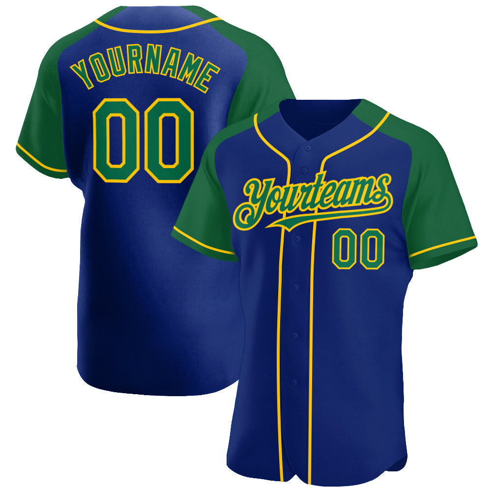 Custom Royal Kelly Green-Yellow Authentic Raglan Sleeves Baseball Jersey baseball jersey product view 1