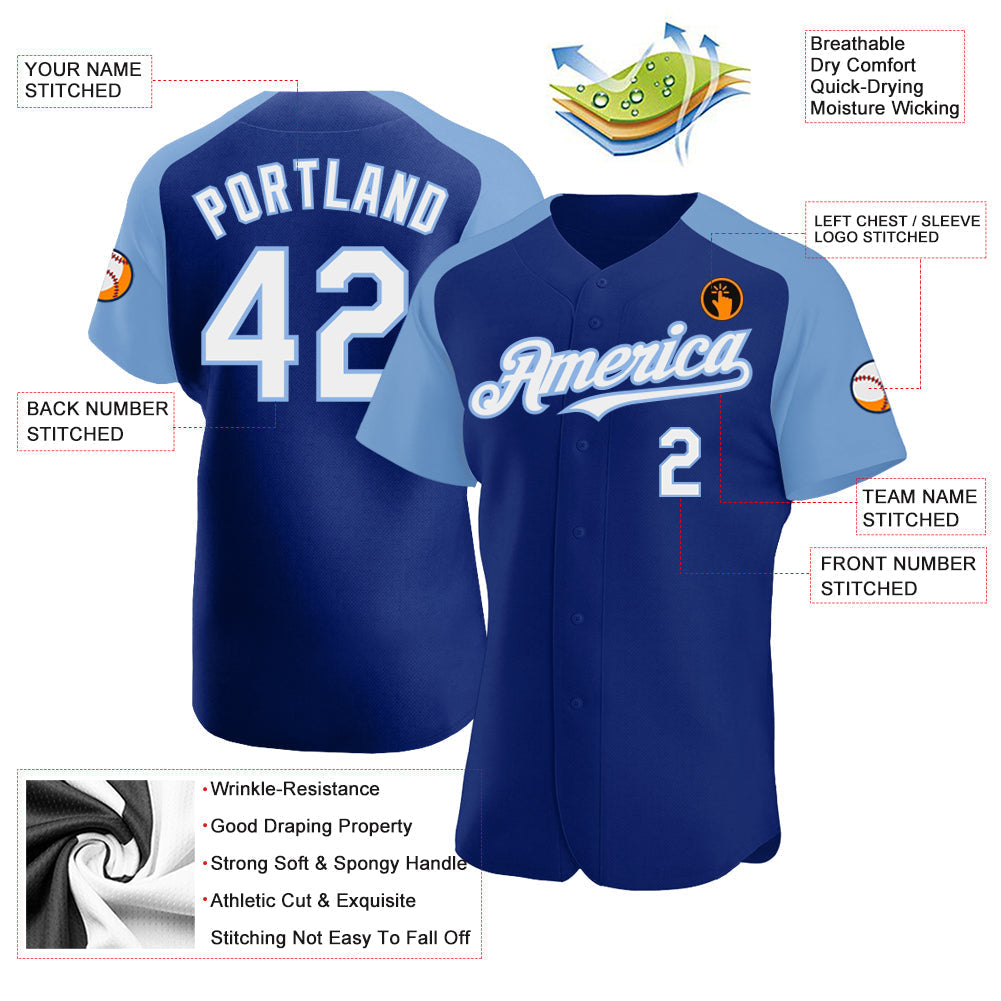 Custom Royal White-Light Blue Authentic Raglan Sleeves Baseball Jersey baseball jersey product view 3