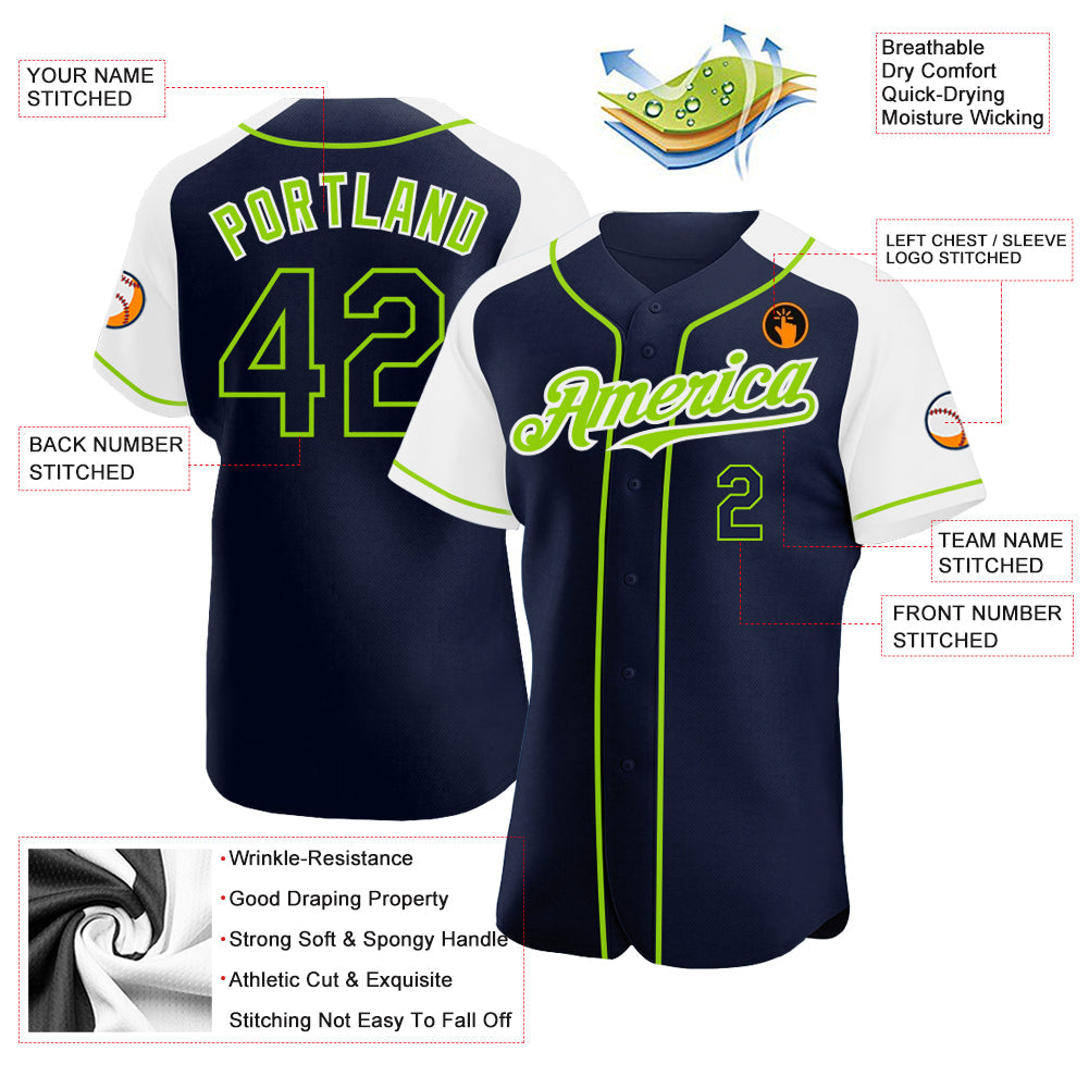 Custom Navy White-Neon Green Authentic Raglan Sleeves Baseball Jersey baseball jersey product view 3