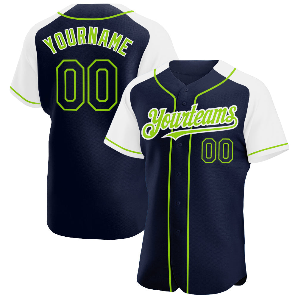 Custom Navy White-Neon Green Authentic Raglan Sleeves Baseball Jersey baseball jersey product view 1