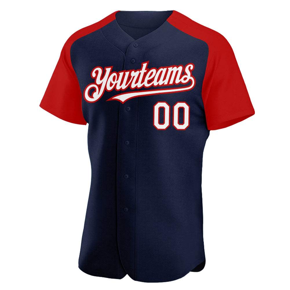 Custom Navy White-Red Authentic Raglan Sleeves Baseball Jersey baseball jersey product view 2