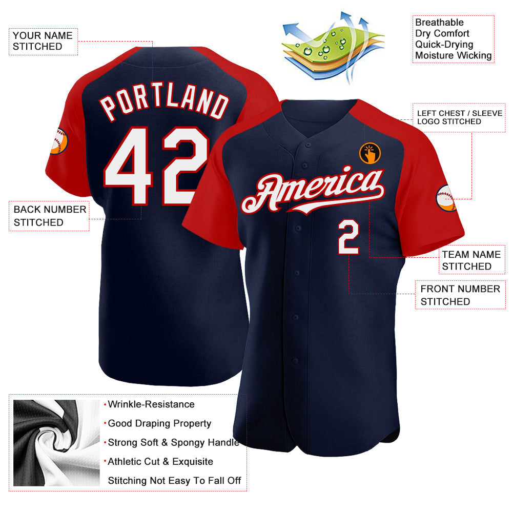 Custom Navy White-Red Authentic Raglan Sleeves Baseball Jersey baseball jersey product view 3