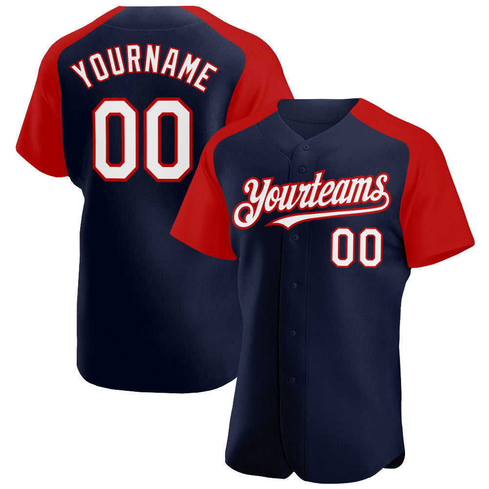Custom Navy White-Red Authentic Raglan Sleeves Baseball Jersey baseball jersey product view 1